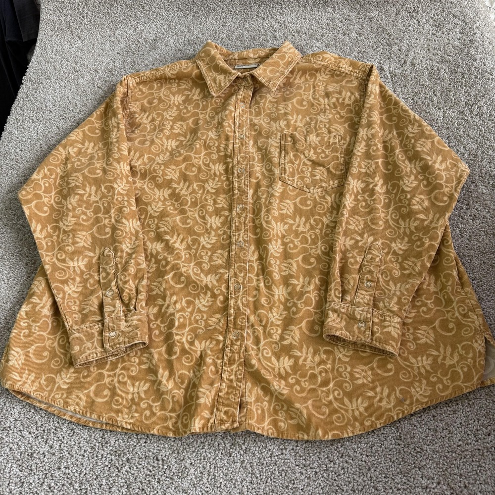 Y2K Faded Glory Shirt Womens 26W Brown Corduroy Floral Button Up Long Sleeve Top